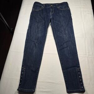 Cache Women Dark Wash Straight Leg Jeans Size 4 Snap Ankle Vent Studded
